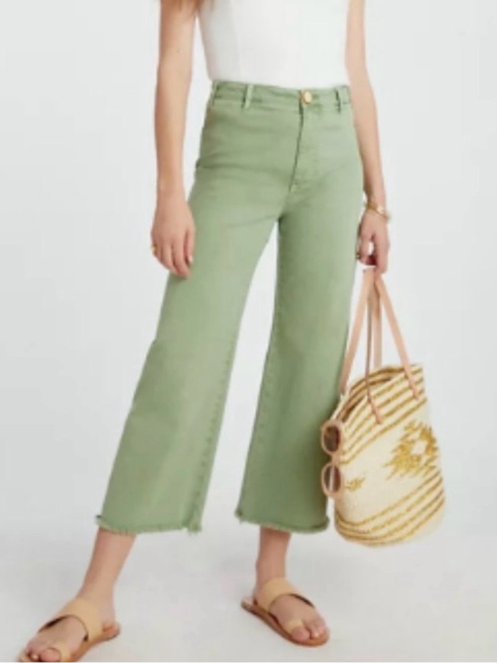 Pilcro by Anthropologie Wide Leg High-Rise Crop Pants- Sage Green